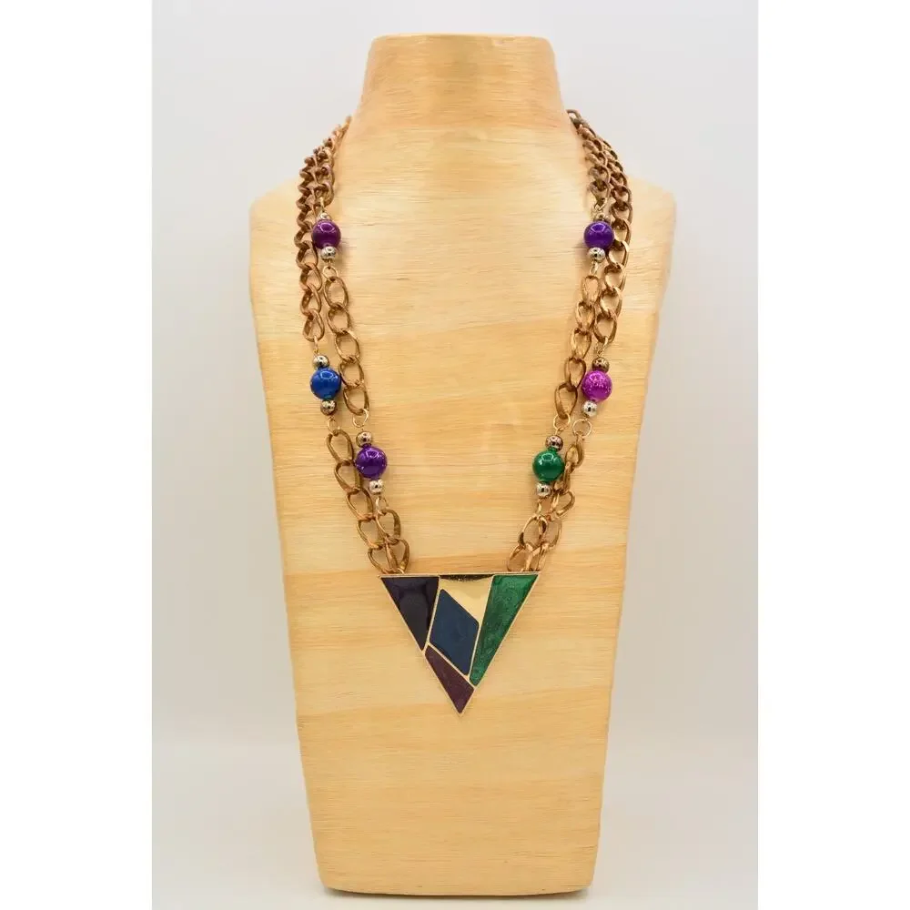 Vintage Multicolor Enamel Geometric Triangle Statement Necklace Gold Beaded BinY